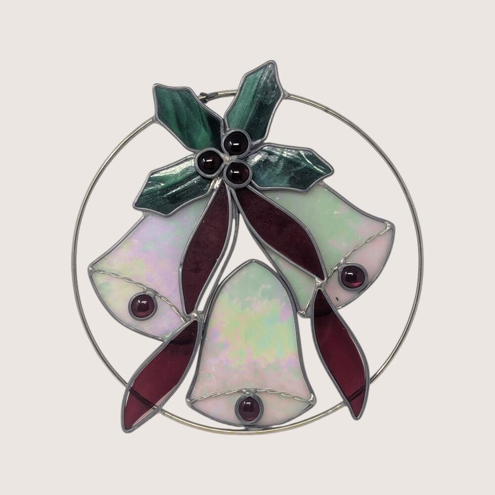 Vintage 1980s Stained Glass Christmas Bells Suncatcher Holiday Decor